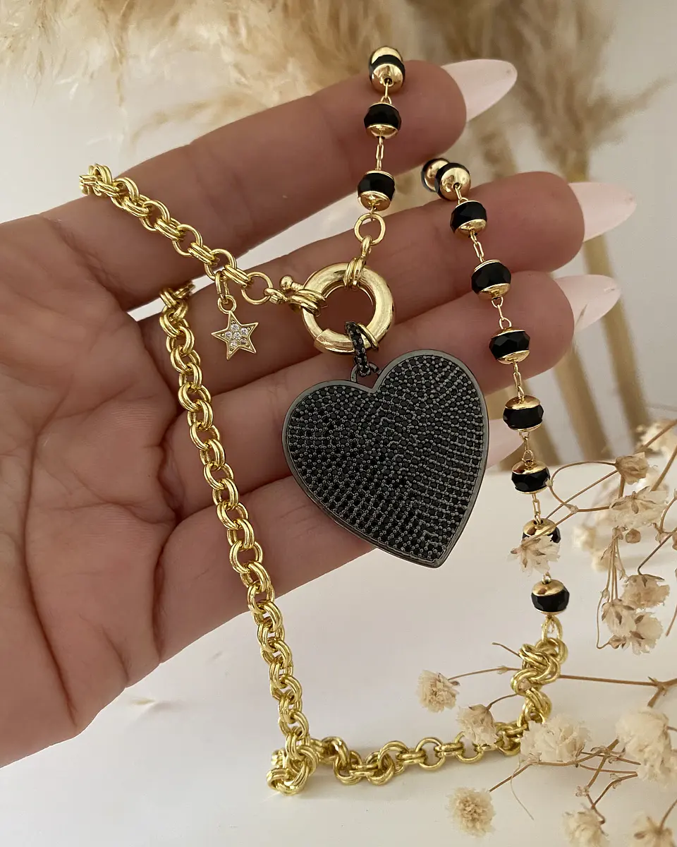Collar Maxi Corazón Circones Cristales facetados Black  4