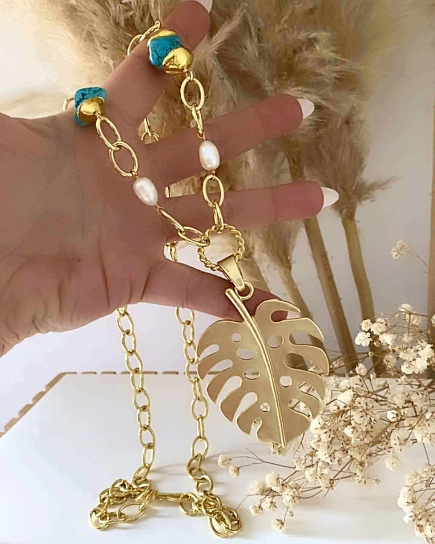 Collar XL Maxi Hoja Turquesa Perlas gold 1