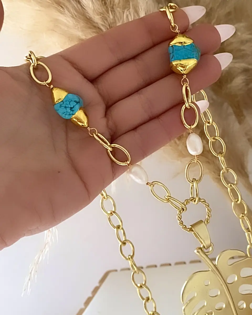 Collar XL Maxi Hoja Turquesa Perlas gold 2