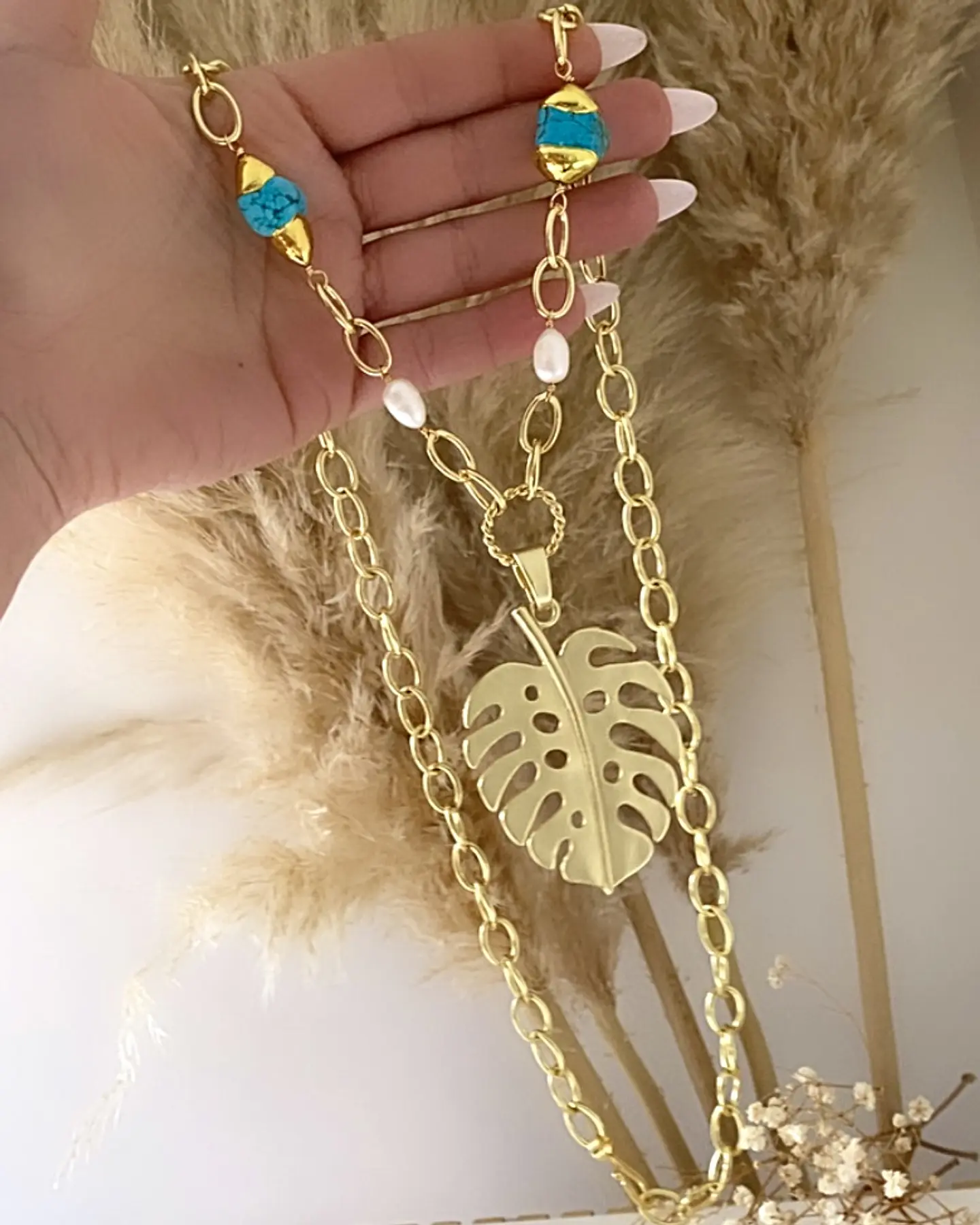 Collar XL Maxi Hoja Turquesa Perlas gold 3