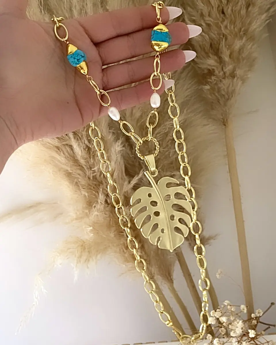 Collar XL Maxi Hoja Turquesa Perlas gold 3