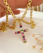 Collar Cruz Cristales Colores eslabones rolo dobles gold - Miniatura 1