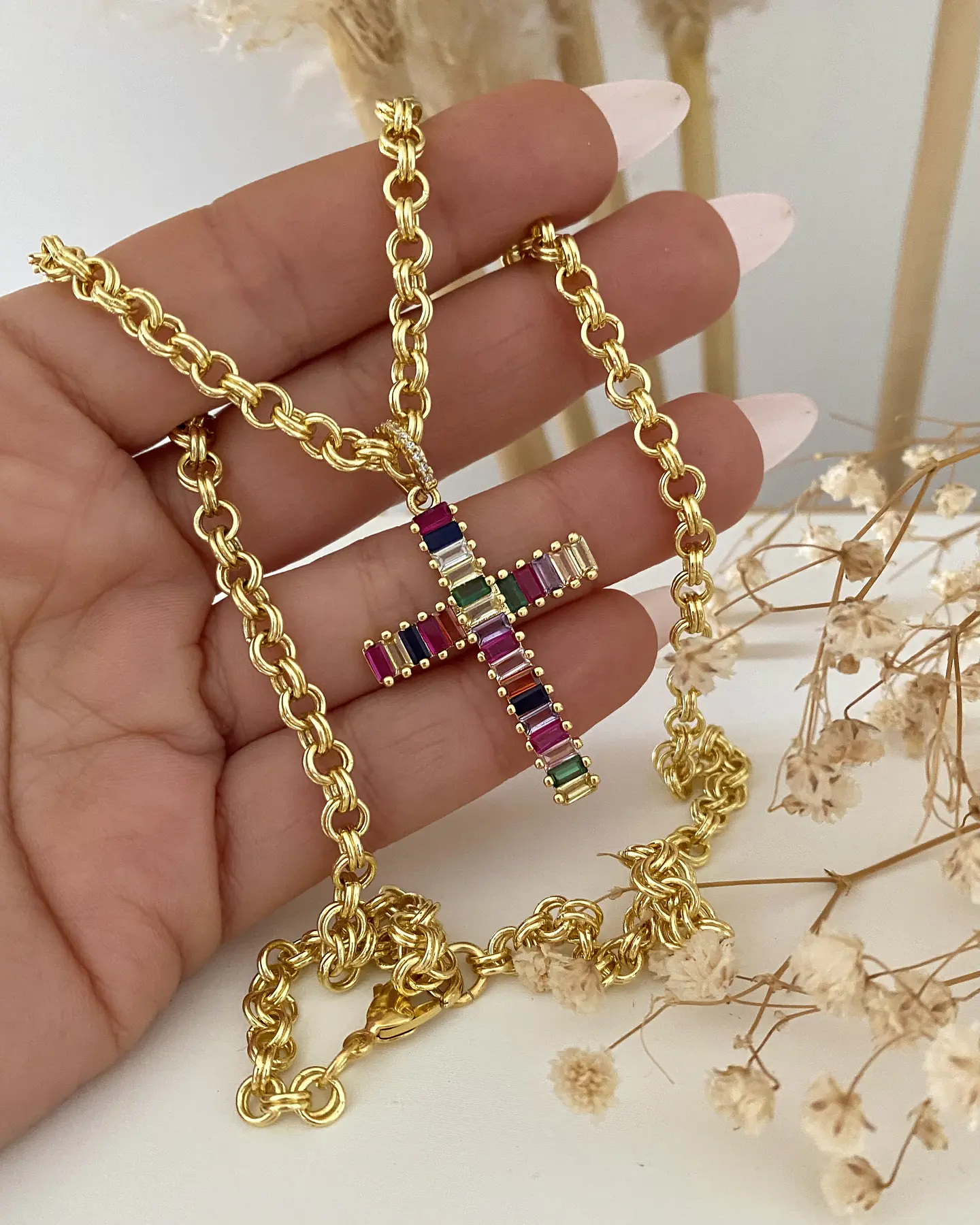 Collar Cruz Cristales Colores eslabones rolo dobles gold 2
