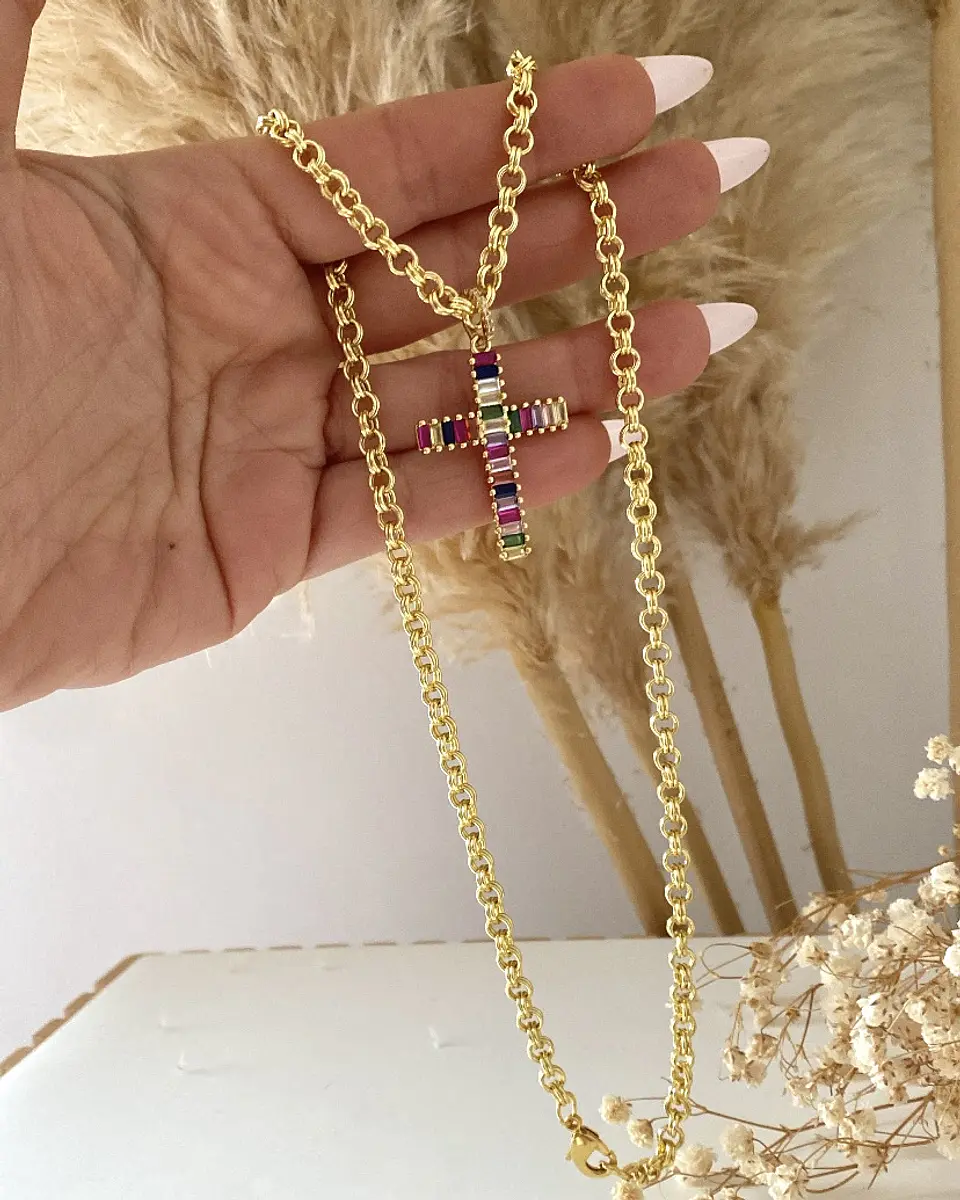 Collar Cruz Cristales Colores eslabones rolo dobles gold 3
