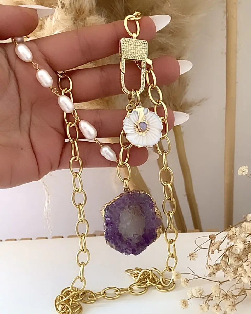 Collar XL Cuarzo Amarista Perlas dije flor Gold 3