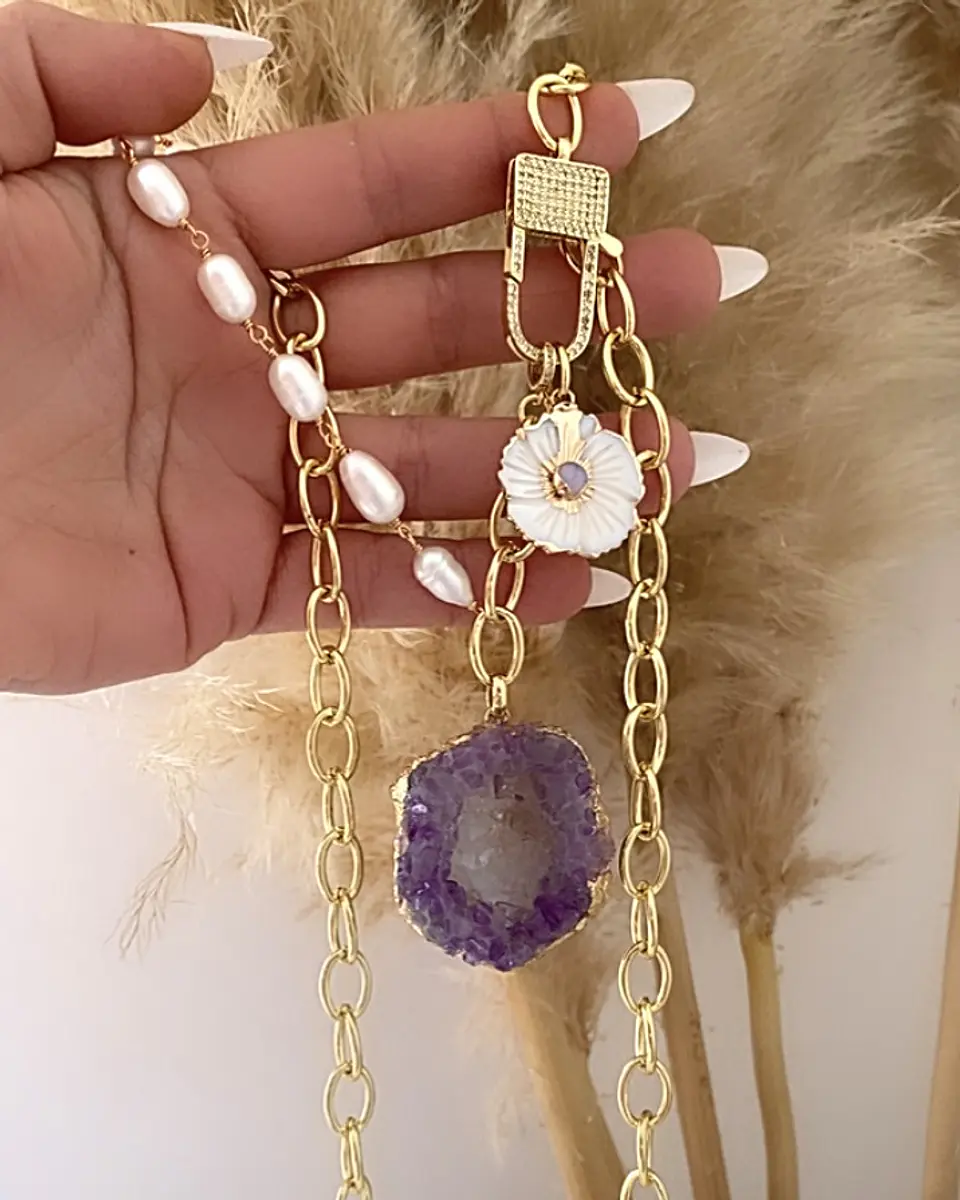 Collar XL Cuarzo Amarista Perlas dije flor Gold 5