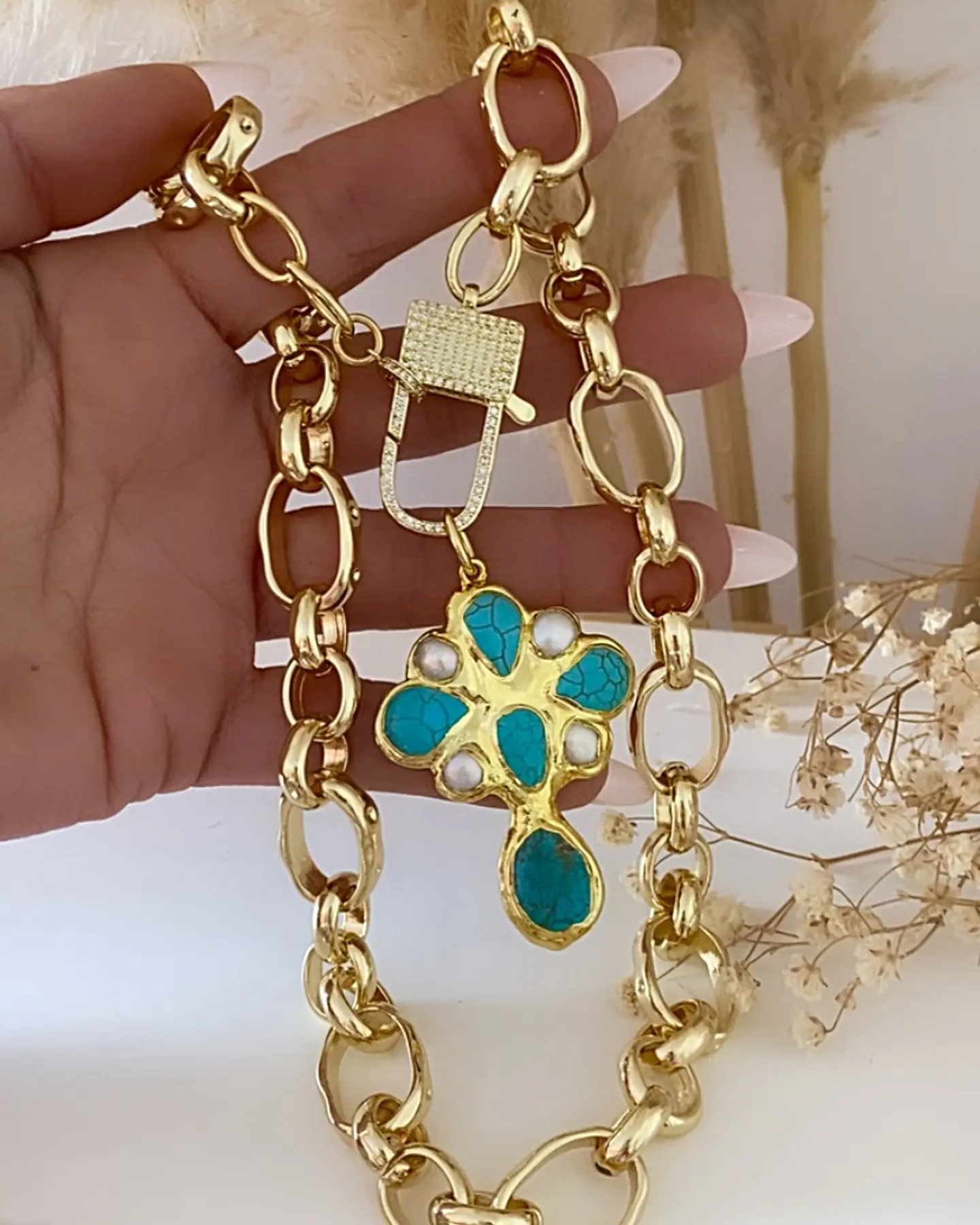 Collar Maxi Cruz Turquesa Broche Candado Circones  Gold 1