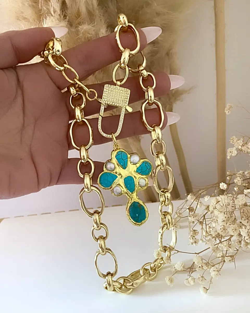 Collar Maxi Cruz Turquesa Broche Candado Circones  Gold 2