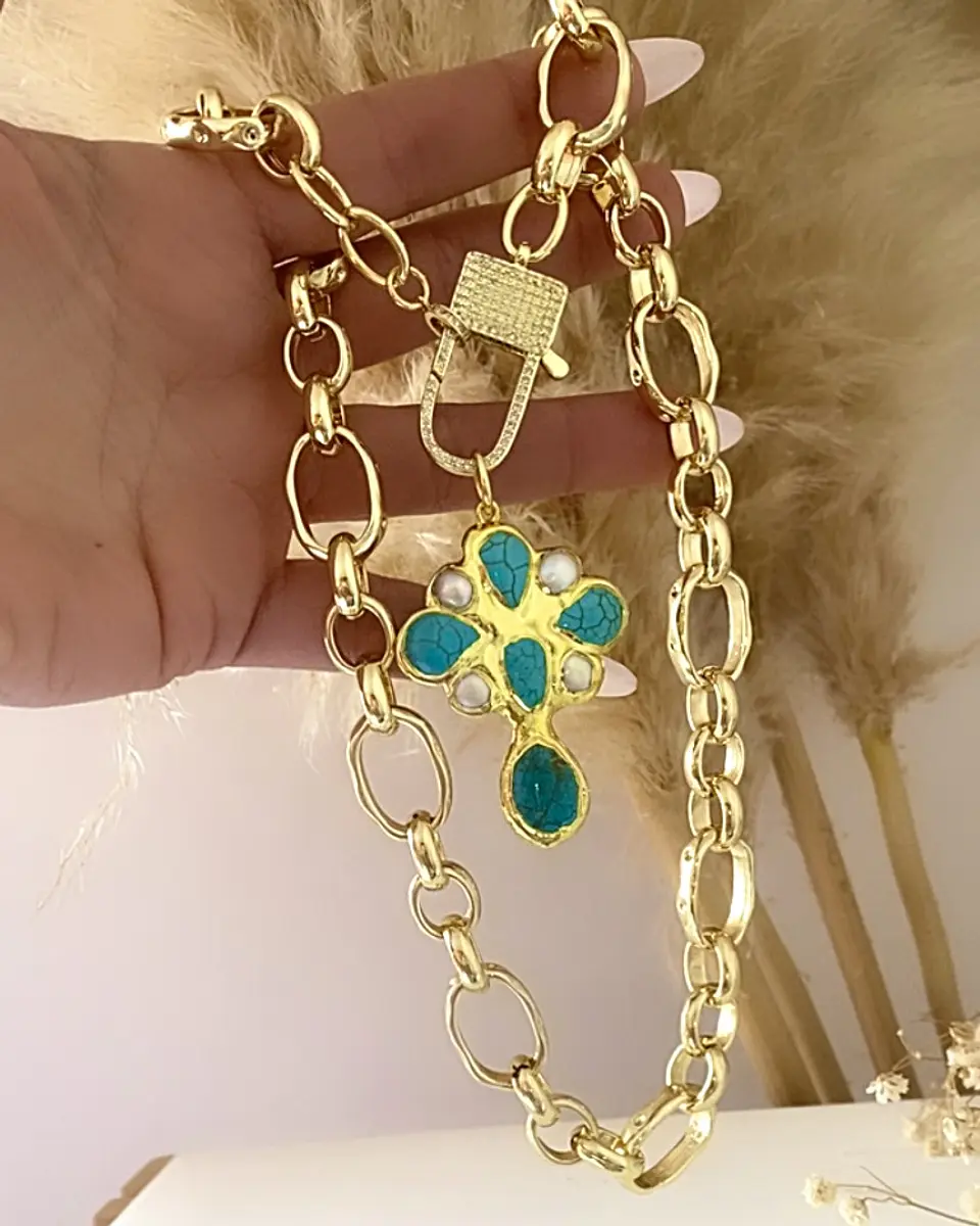 Collar Maxi Cruz Turquesa Broche Candado Circones  Gold 3