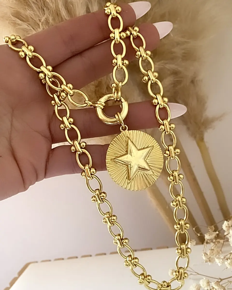 Collar Medallón Estrella Maxi eslabones mixtos gold 1
