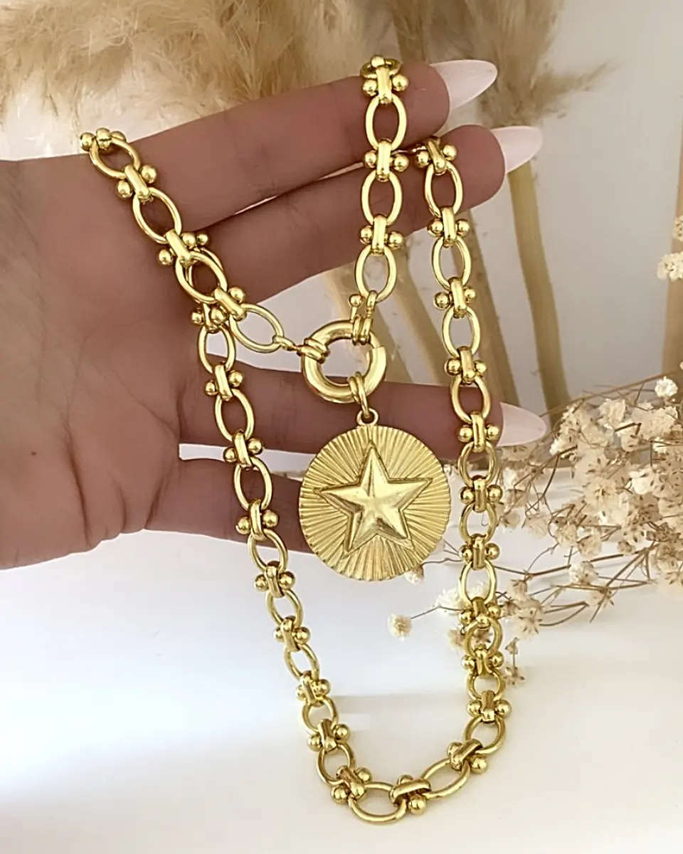 Collar Medallón Estrella Maxi eslabones mixtos gold 3