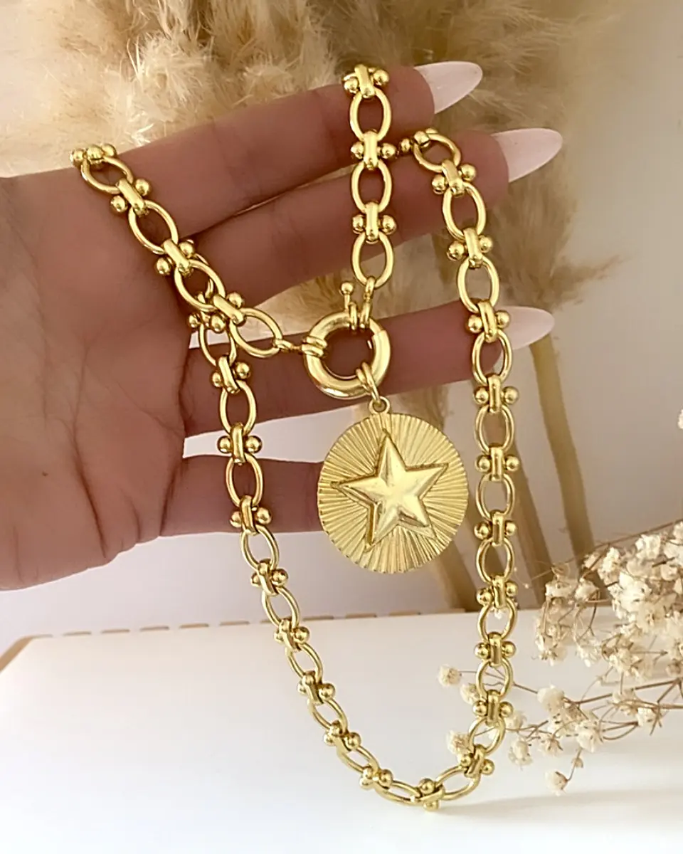 Collar Medallón Estrella Maxi eslabones mixtos gold 4