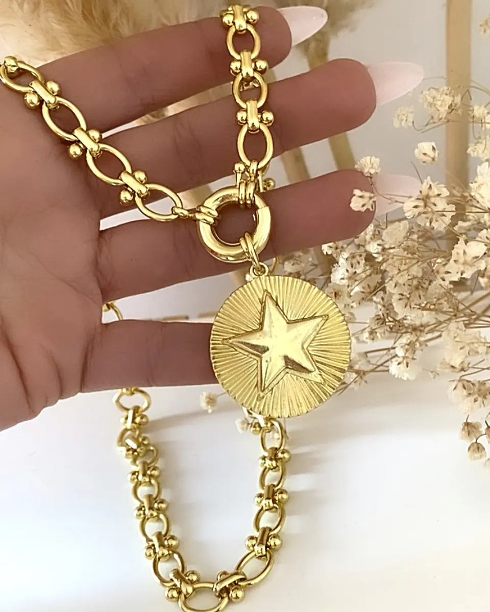 Collar Medallón Estrella Maxi eslabones mixtos gold 5
