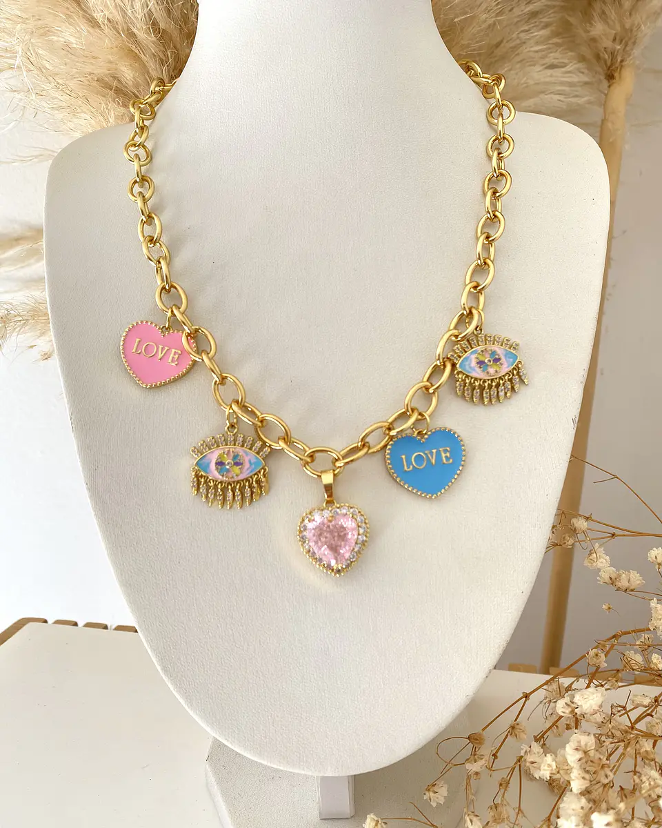 Collar Mix Charms Corazones y ojo protección gold  3