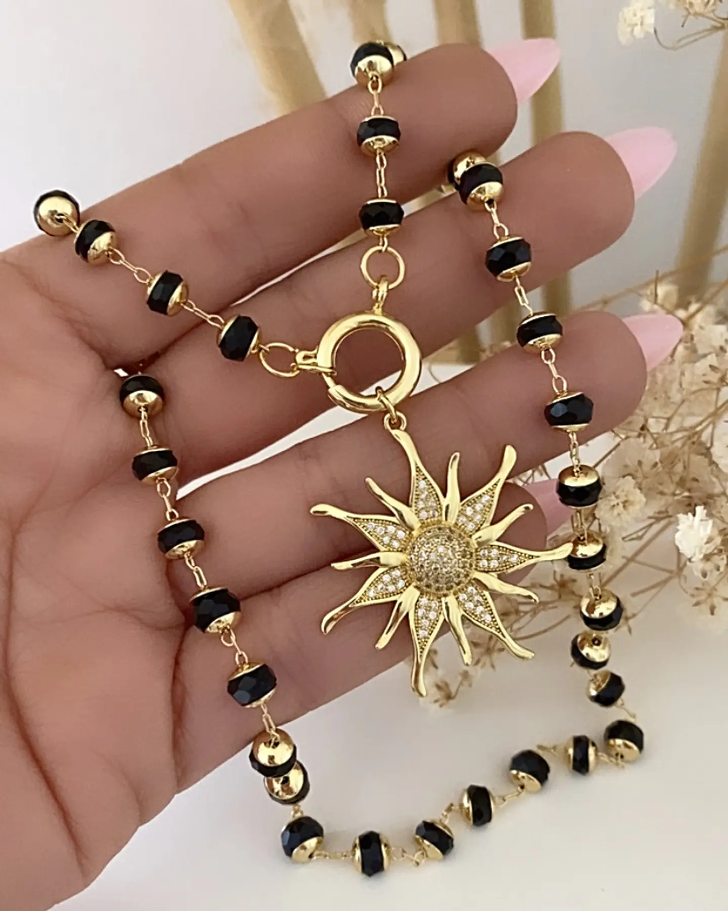Collar Sol Circones Cadena cristales facetados negros   1