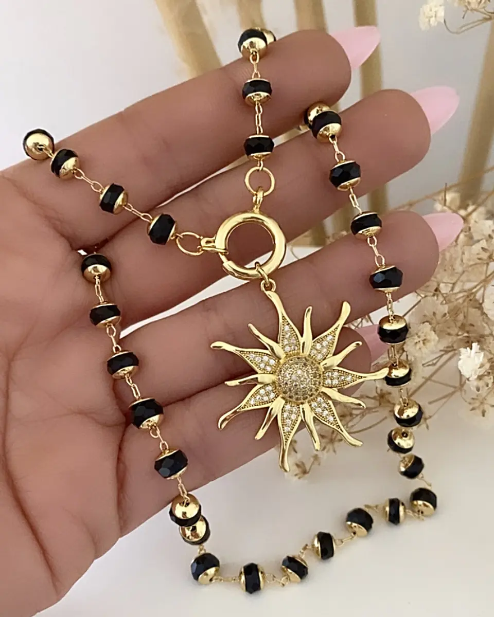 Collar Sol Circones Cadena cristales facetados negros   1