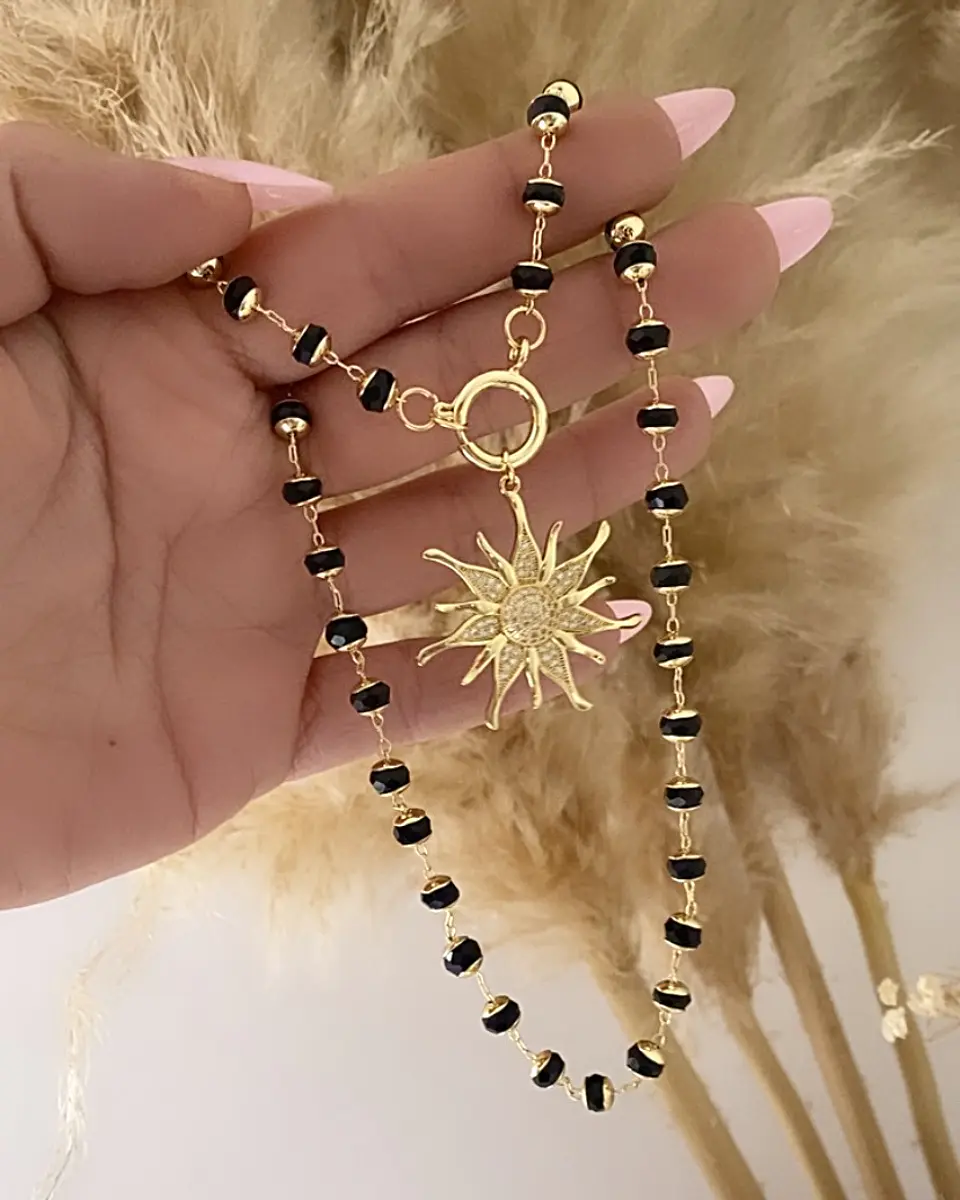 Collar Sol Circones Cadena cristales facetados negros   2
