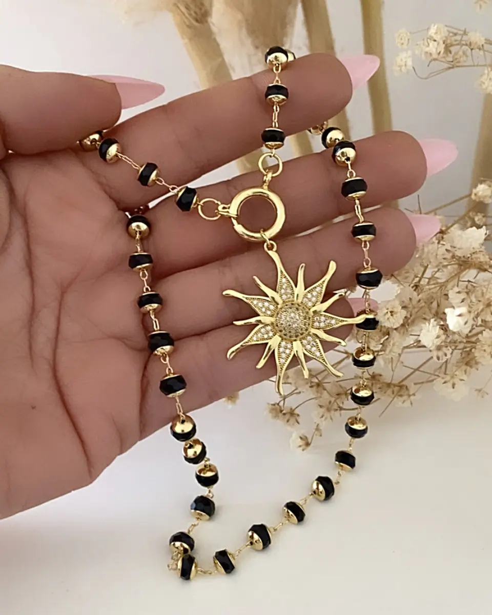 Collar Sol Circones Cadena cristales facetados negros   3