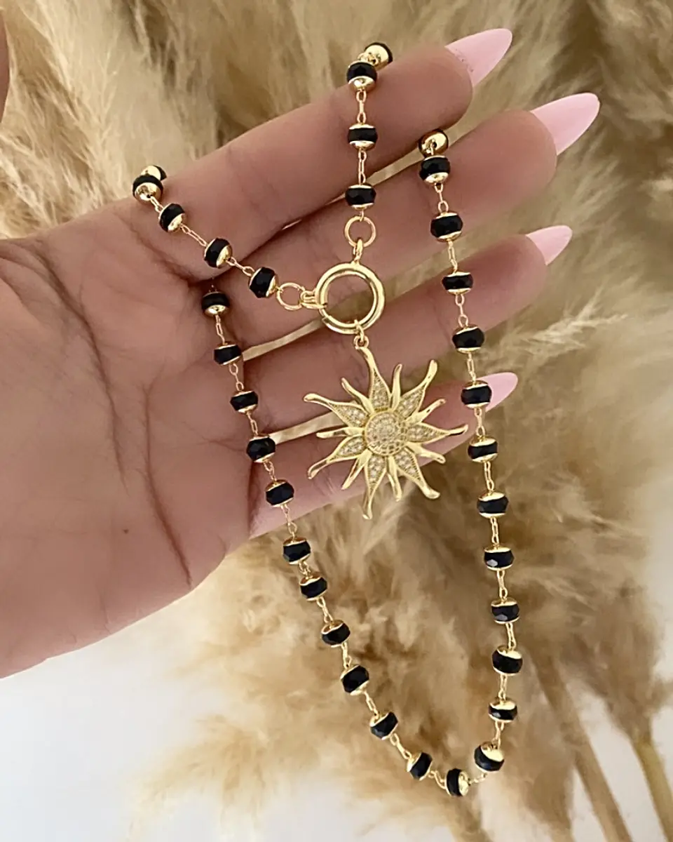 Collar Sol Circones Cadena cristales facetados negros   4