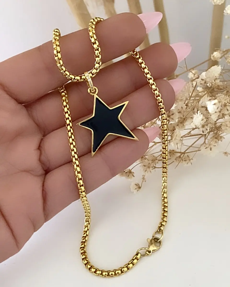 Collar Choker Estrella Negra Esmaltada Black Gold  3