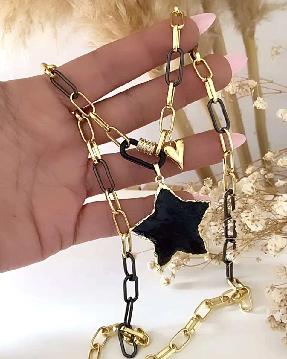 Collar Estrella Obsidiana Eslabones Black y Gold 2
