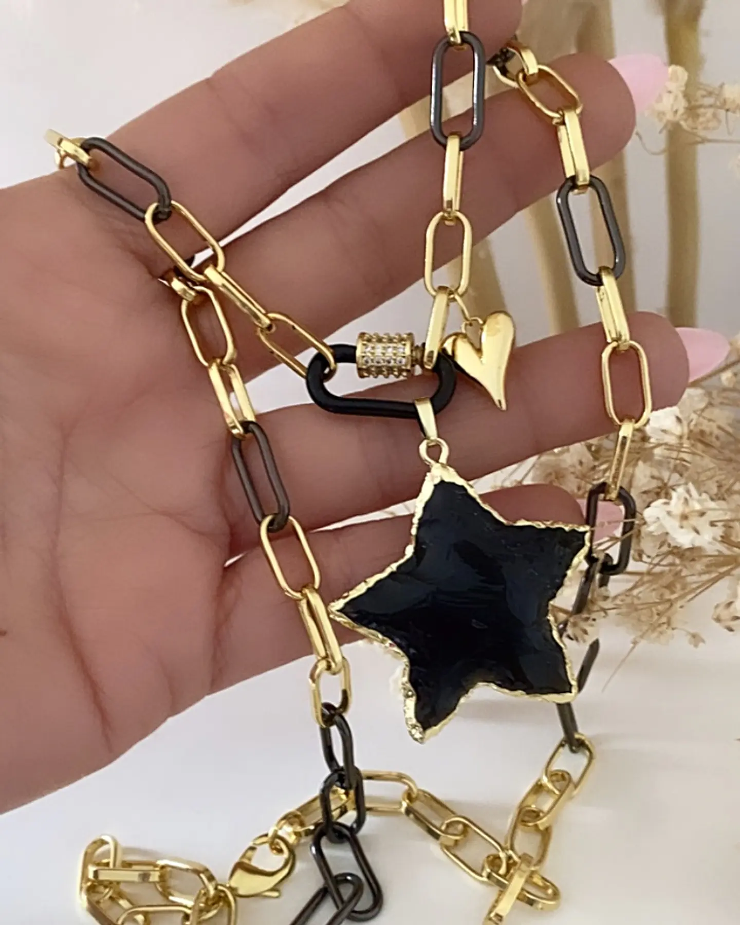 Collar Estrella Obsidiana Eslabones Black y Gold 6