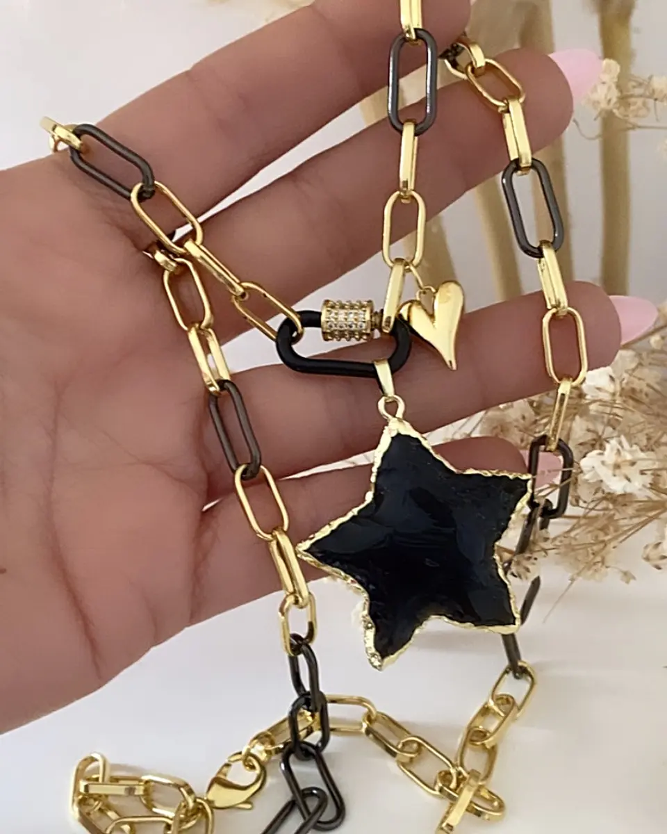 Collar Estrella Obsidiana Eslabones Black y Gold 6