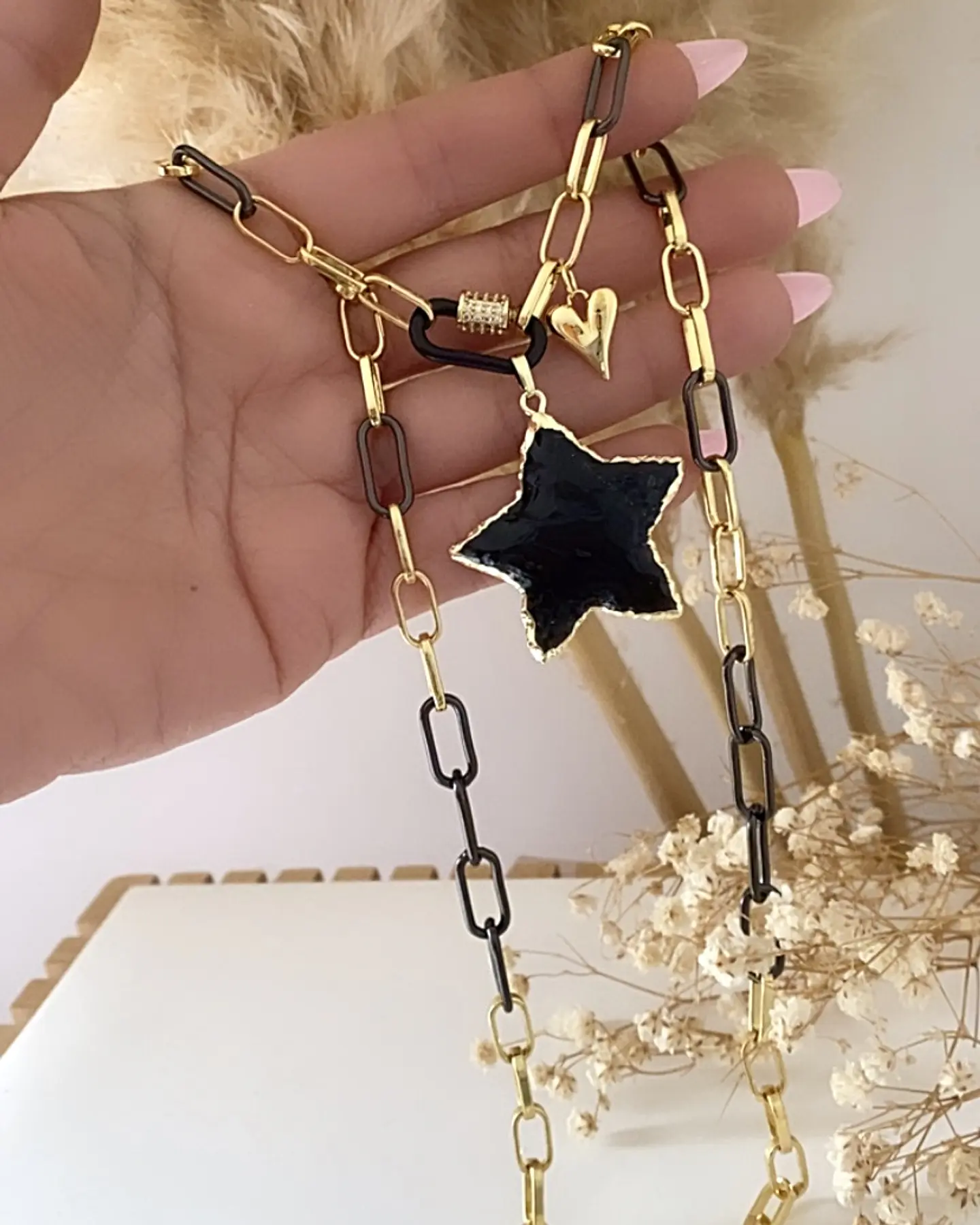 Collar Estrella Obsidiana Eslabones Black y Gold 7
