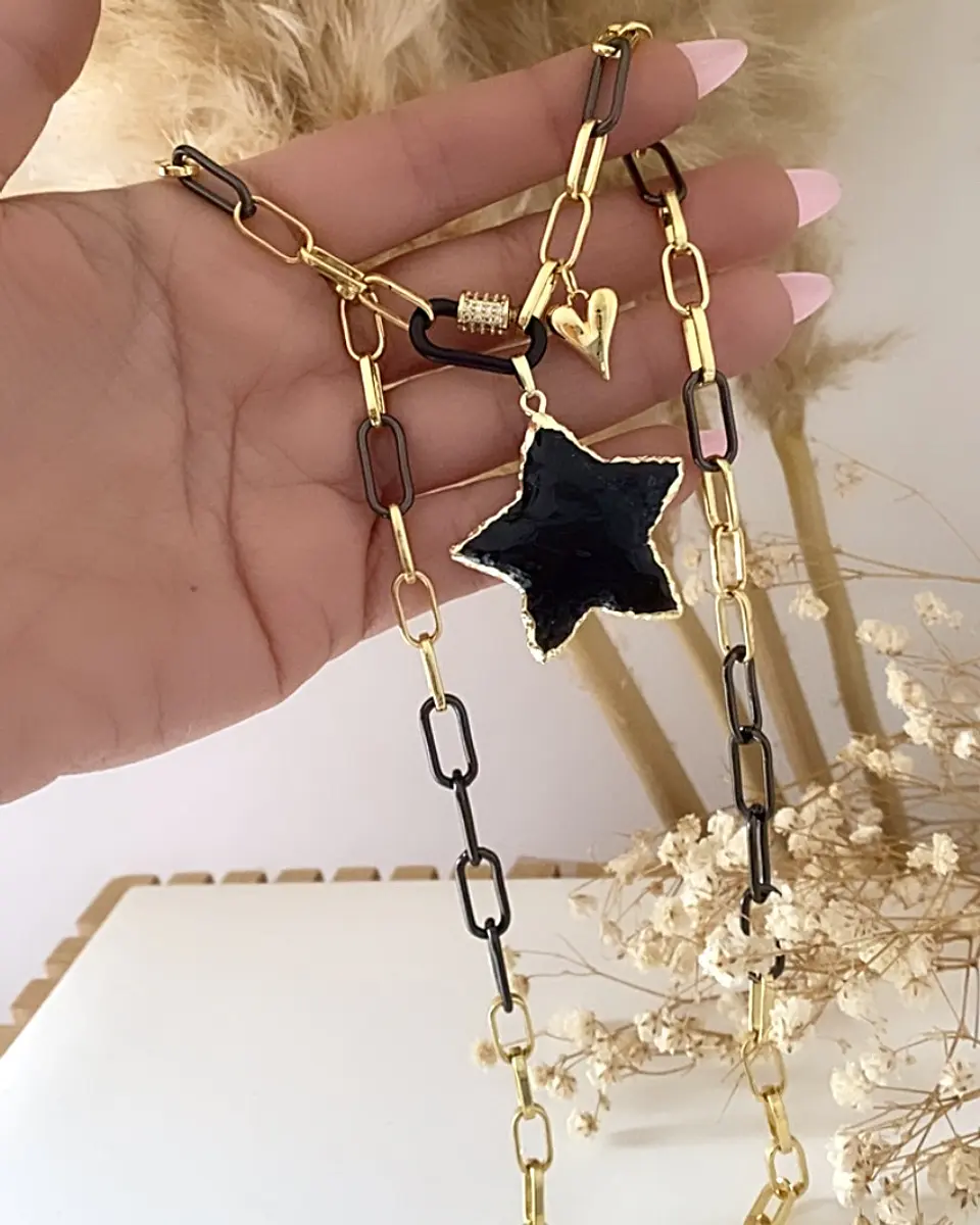 Collar Estrella Obsidiana Eslabones Black y Gold 4