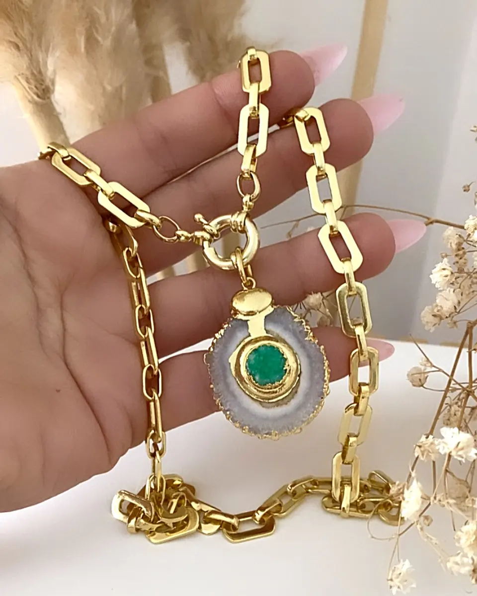 Collar Cuarzo Drusa verde eslabones aplanados gold 1