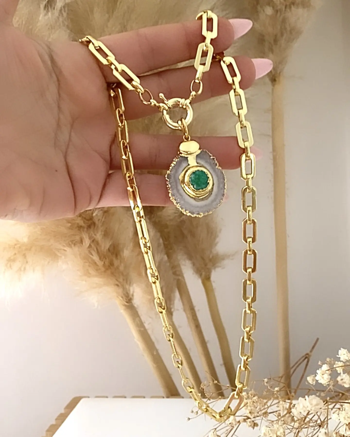 Collar Cuarzo Drusa verde eslabones aplanados gold 2