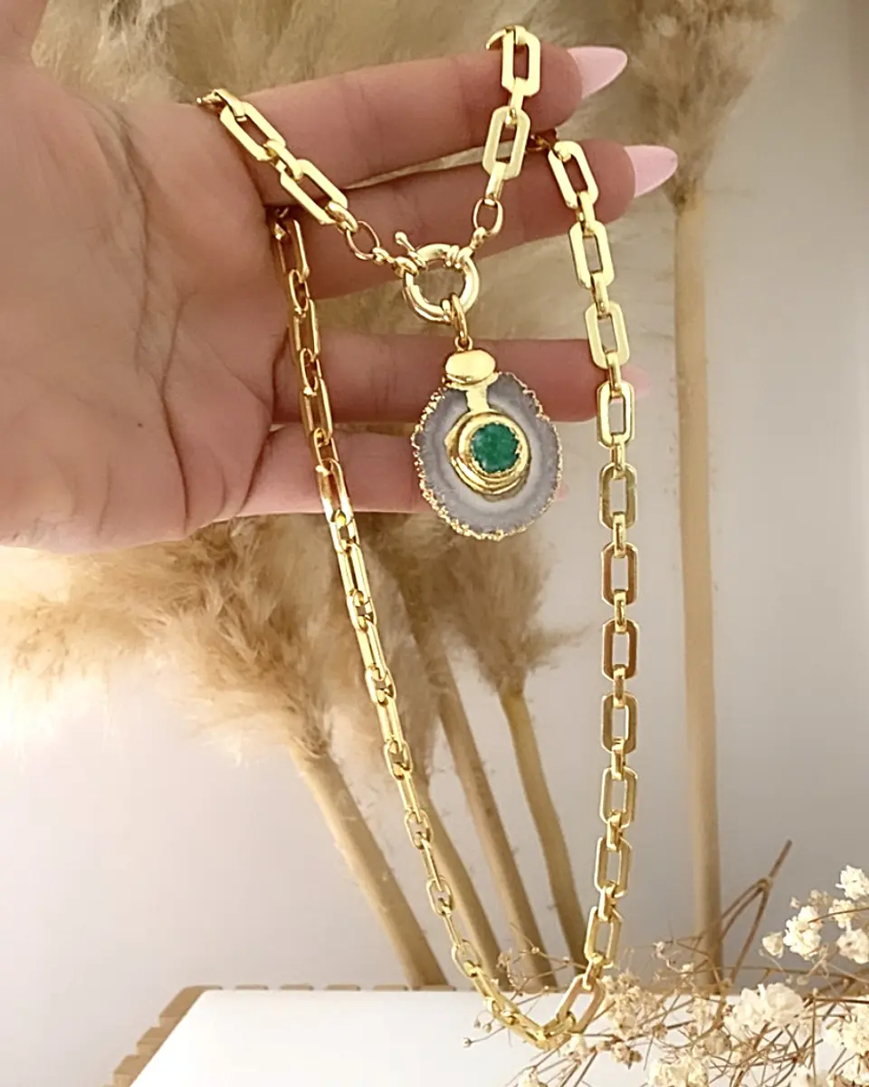 Collar Cuarzo Drusa verde eslabones aplanados gold 2