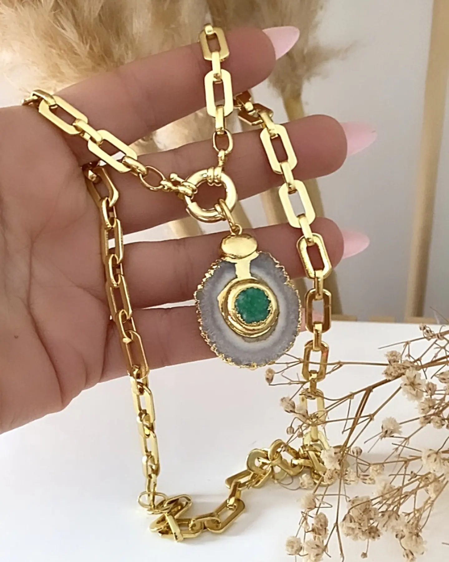 Collar Cuarzo Drusa verde eslabones aplanados gold 3