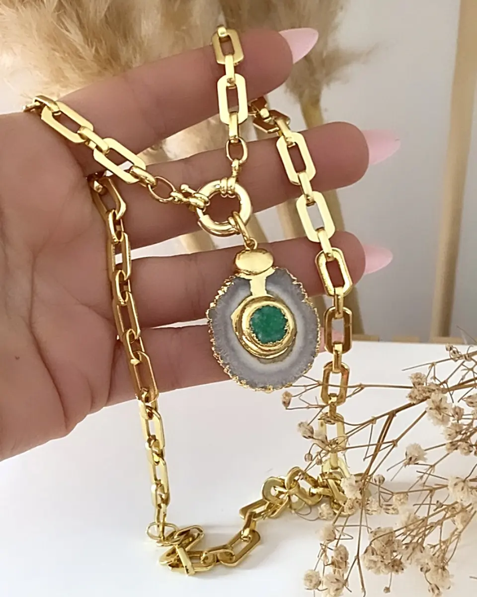 Collar Cuarzo Drusa verde eslabones aplanados gold 3