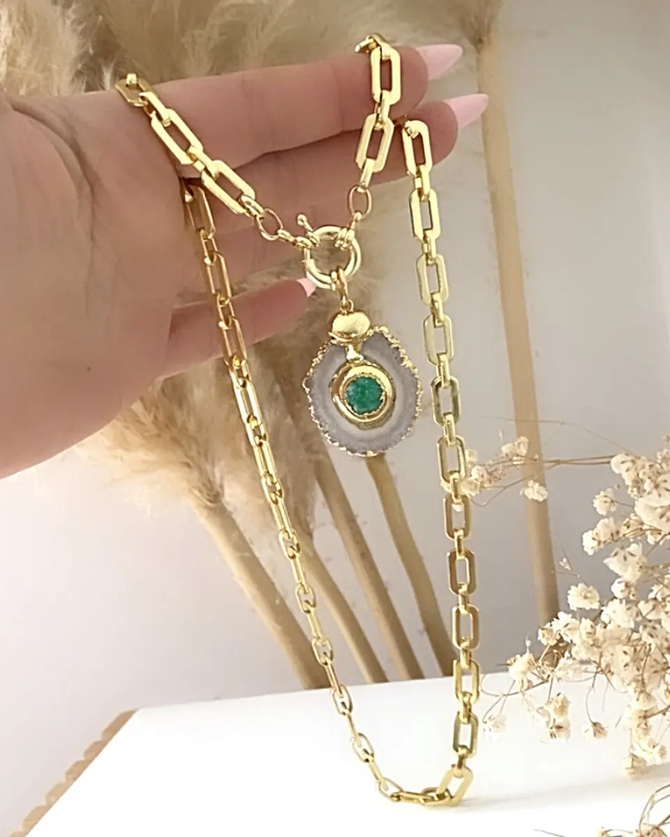 Collar Cuarzo Drusa verde eslabones aplanados gold 4