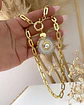Collar Cuarzo Y Perla Central eslabones aplanados gold  - Miniatura 2