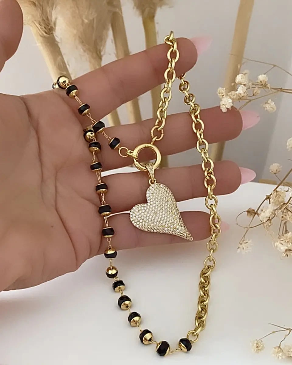 Collar Corazón Inclinado Circones eslabones cristal facetado  gold   3