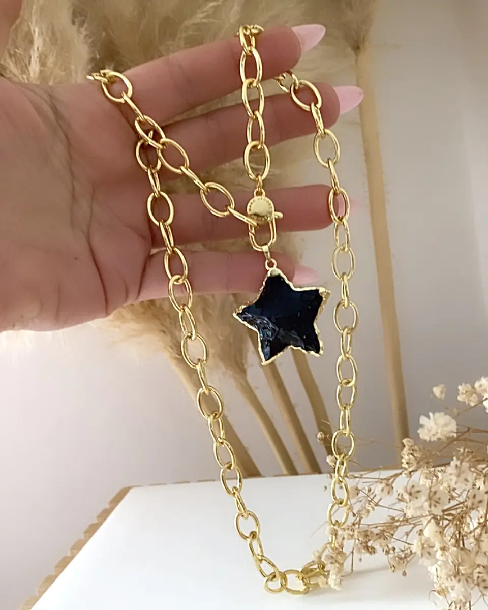 Collar Estrella Obsidiana maxi eslabones gold 4