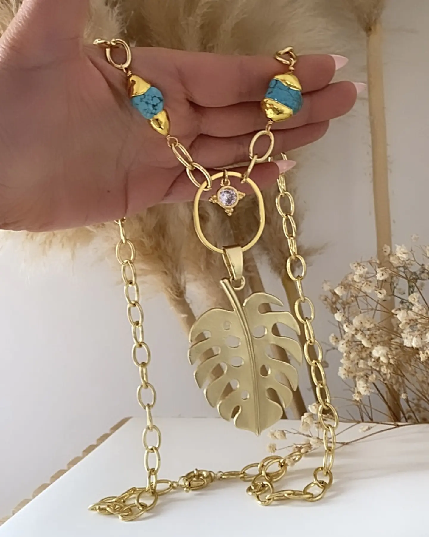Collar XL Maxi Hoja con turquesa y punto luz gold 2