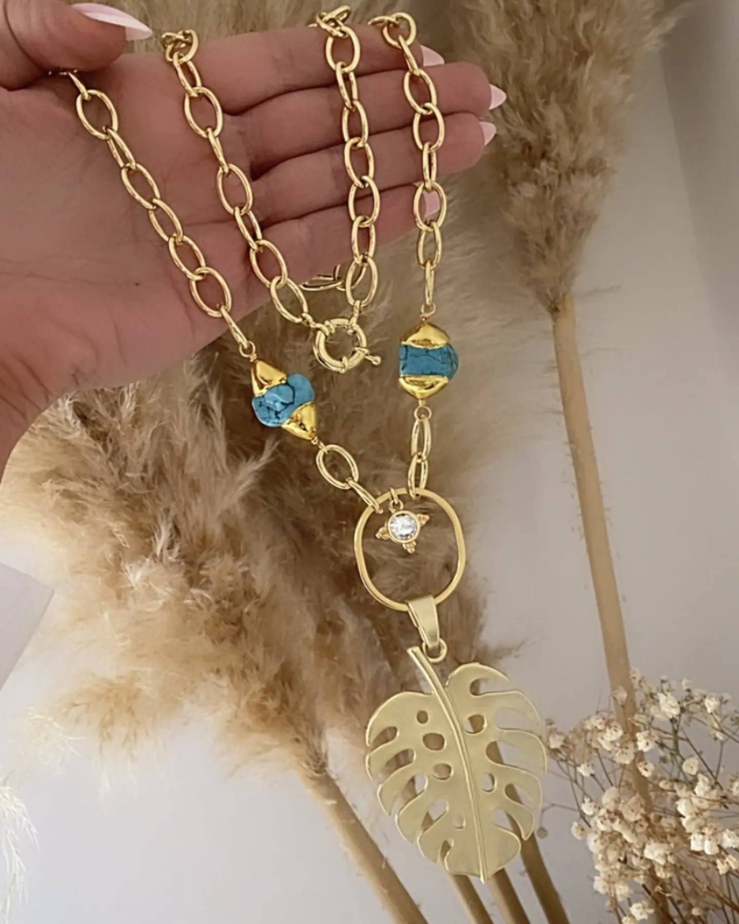 Collar XL Maxi Hoja con turquesa y punto luz gold 4