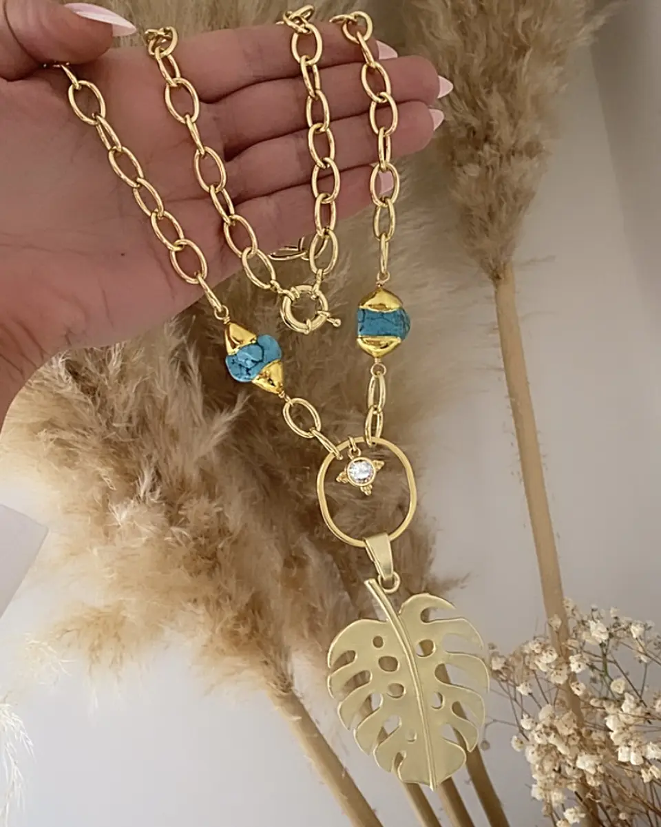 Collar XL Maxi Hoja con turquesa y punto luz gold 4