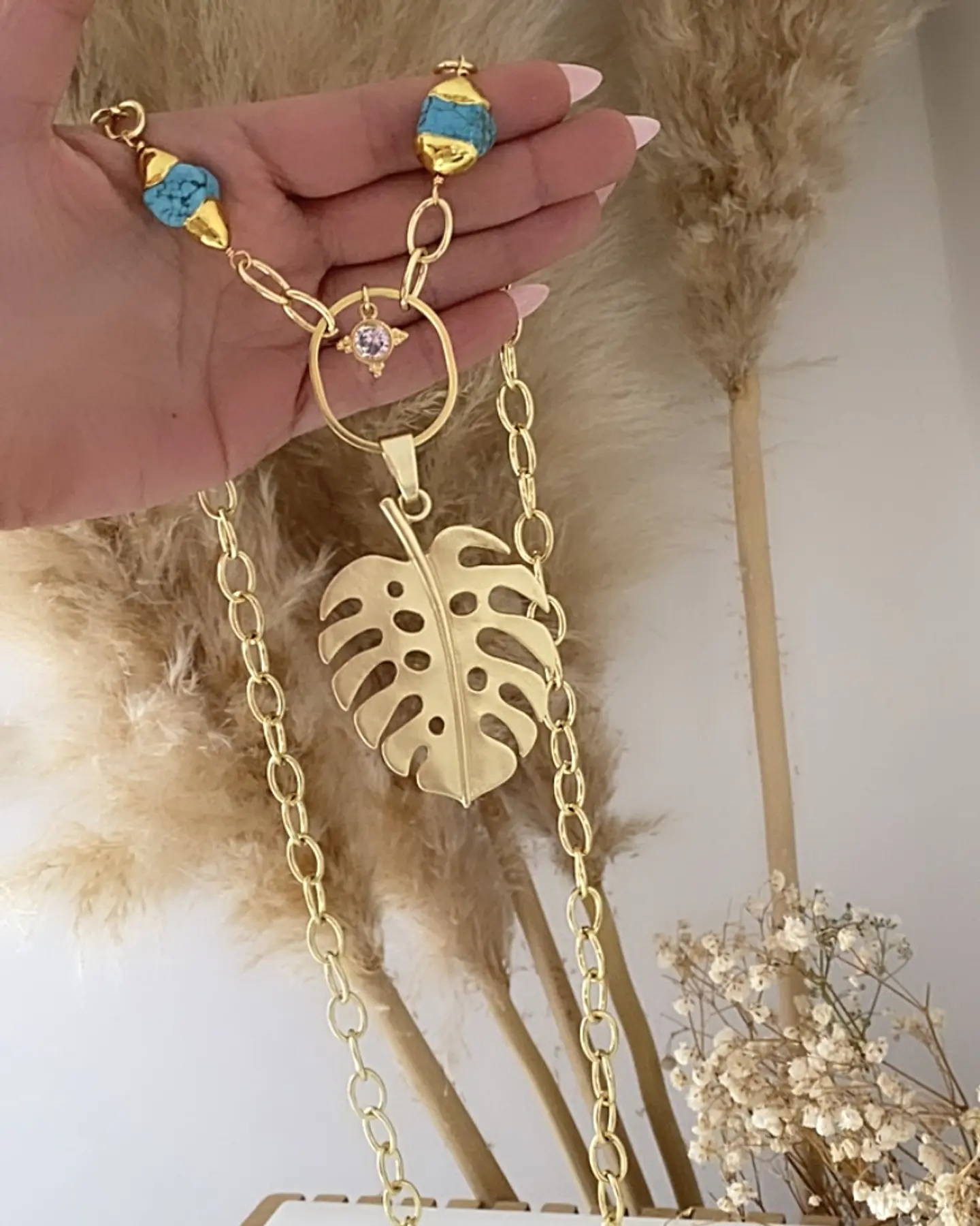Collar XL Maxi Hoja con turquesa y punto luz gold 6