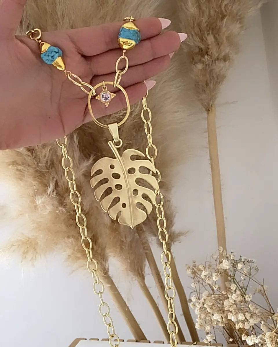 Collar XL Maxi Hoja con turquesa y punto luz gold 6