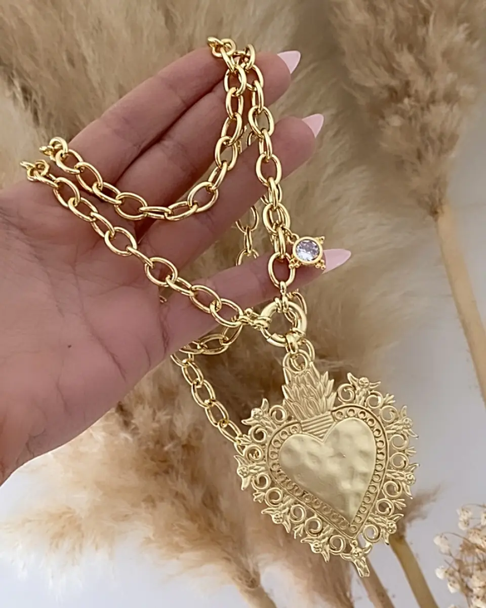 Collar XL Maxi Corazon Barroco Punto luz Gold  2