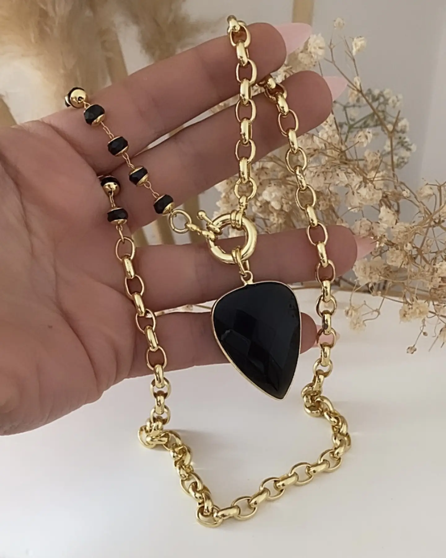 Collar Gota Onyx cristales facetados black gold 1