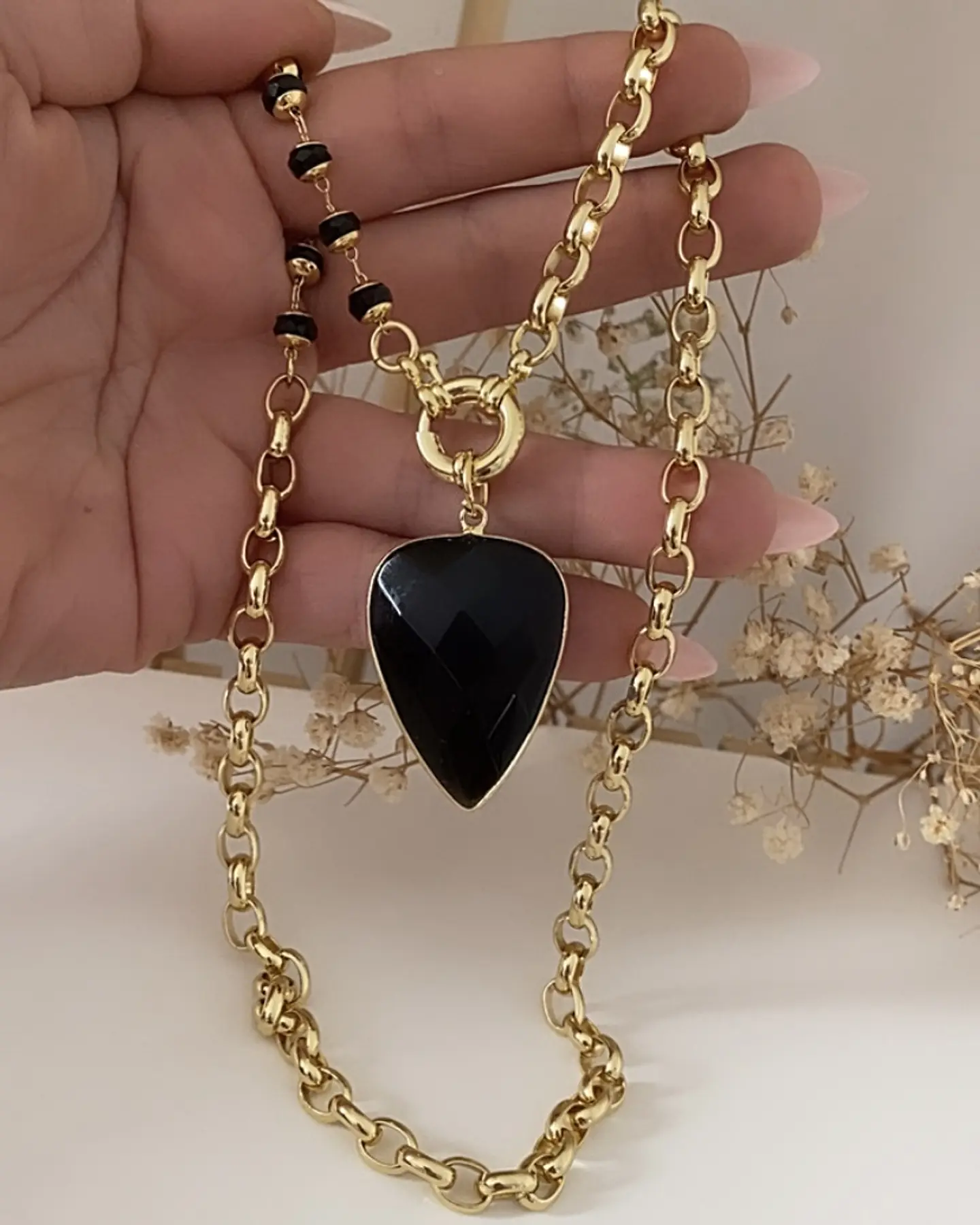 Collar Gota Onyx cristales facetados black gold 2