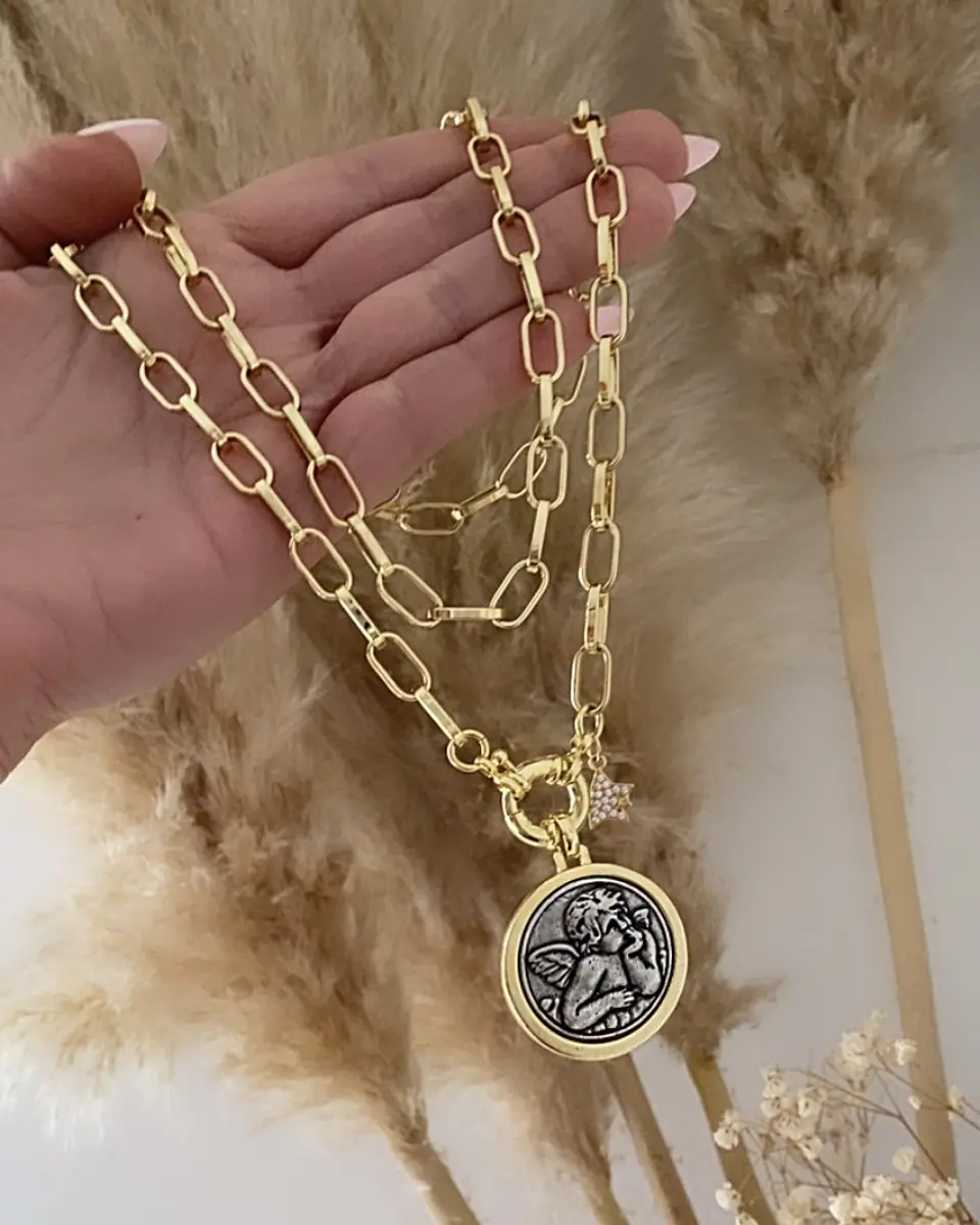 Collar XL Medallon Ángel punto de luz Gold  4