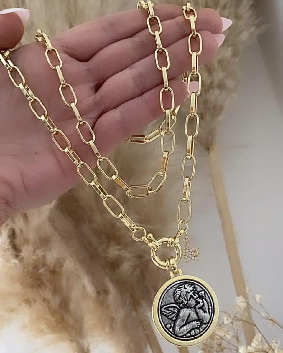 Collar XL Medallon Ángel punto de luz Gold  5