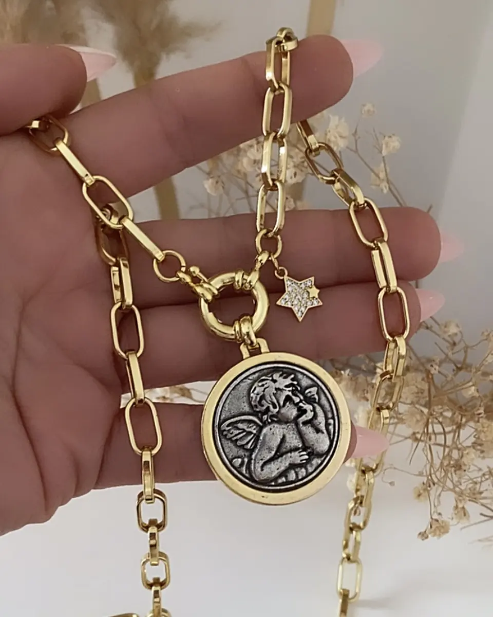 Collar XL Medallon Ángel punto de luz Gold  6