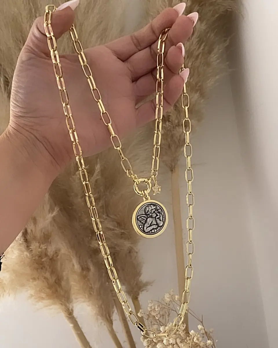 Collar XL Medallon Ángel punto de luz Gold  8
